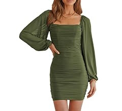 MASCOMODA Women Elegant Square Neck Lantern Long Sleeve Mini Ruched Bodycon Dress Stretch Mesh Sl... | Amazon (US)