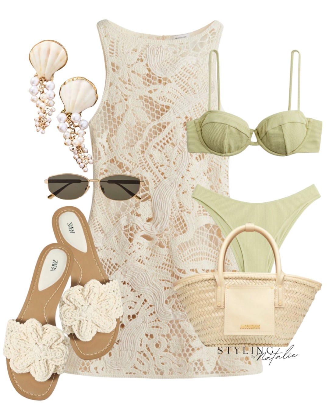 Beach Outfit 🏝️ 🐚
Crochet beach dress, pistachio green bikini, crochet slide sandals, pearl/seashell droplet earrings, jacquemus straw tote bag, Dior sunglasses.  Beach dress, swimwear, two-piece, cover up, resort wear, holiday outfit, beach wear, vacation style, boho chic, beach look.

#LTKswimwear #LTKsummer #LTKdresses