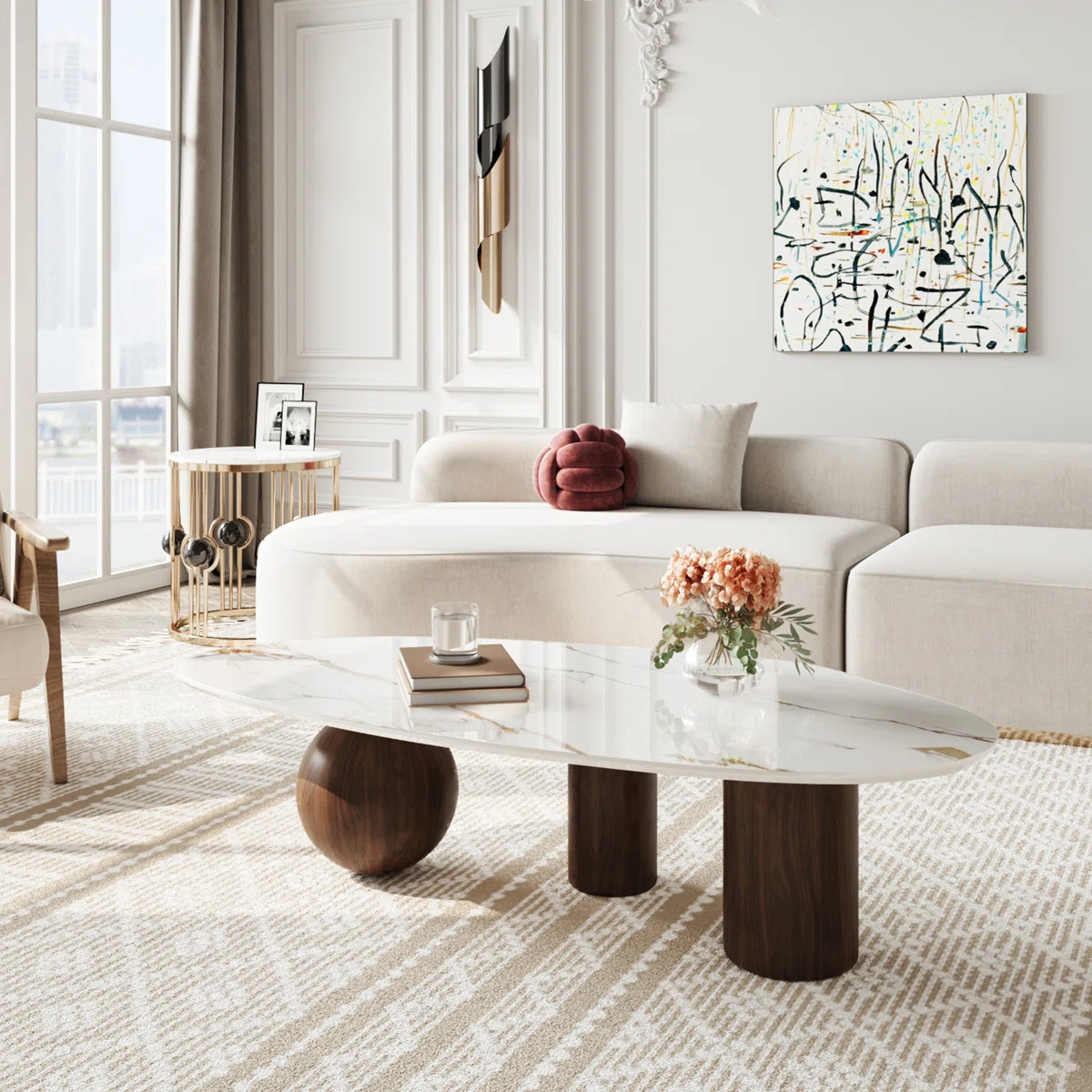 54'' Modern Coffee Table for Living Room, Stone Center Table with 3 Legs and White Sintered Stone... | Wayfair North America