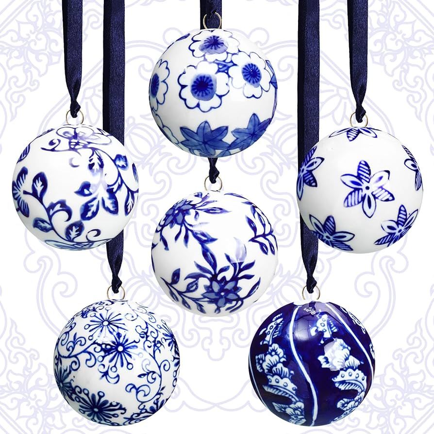 Cindeer Christmas Porcelain Ornament 2.4 Inch Blue and White Porcelain Chinoiserie Balls Bulk Por... | Amazon (US)