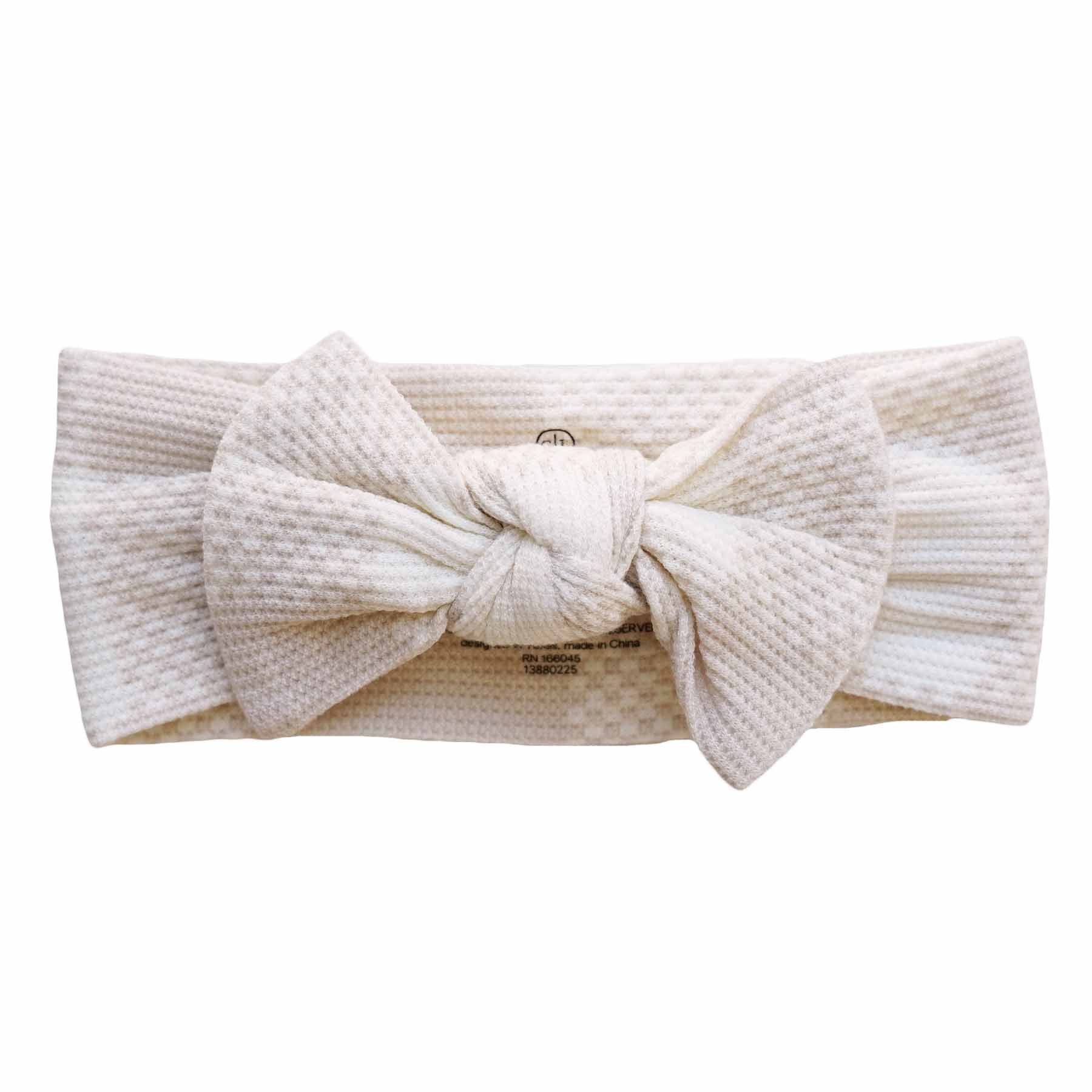 Big Check Waffle Bamboo Knit Large Bow Headwrap | Sand | Caden Lane