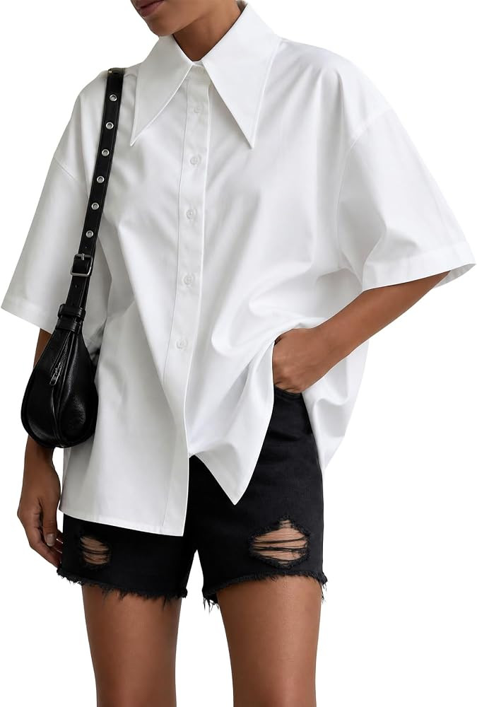 Women's Oversize Collar Button Down Short Sleeve Work Blouse Shirt Top | Amazon (US)