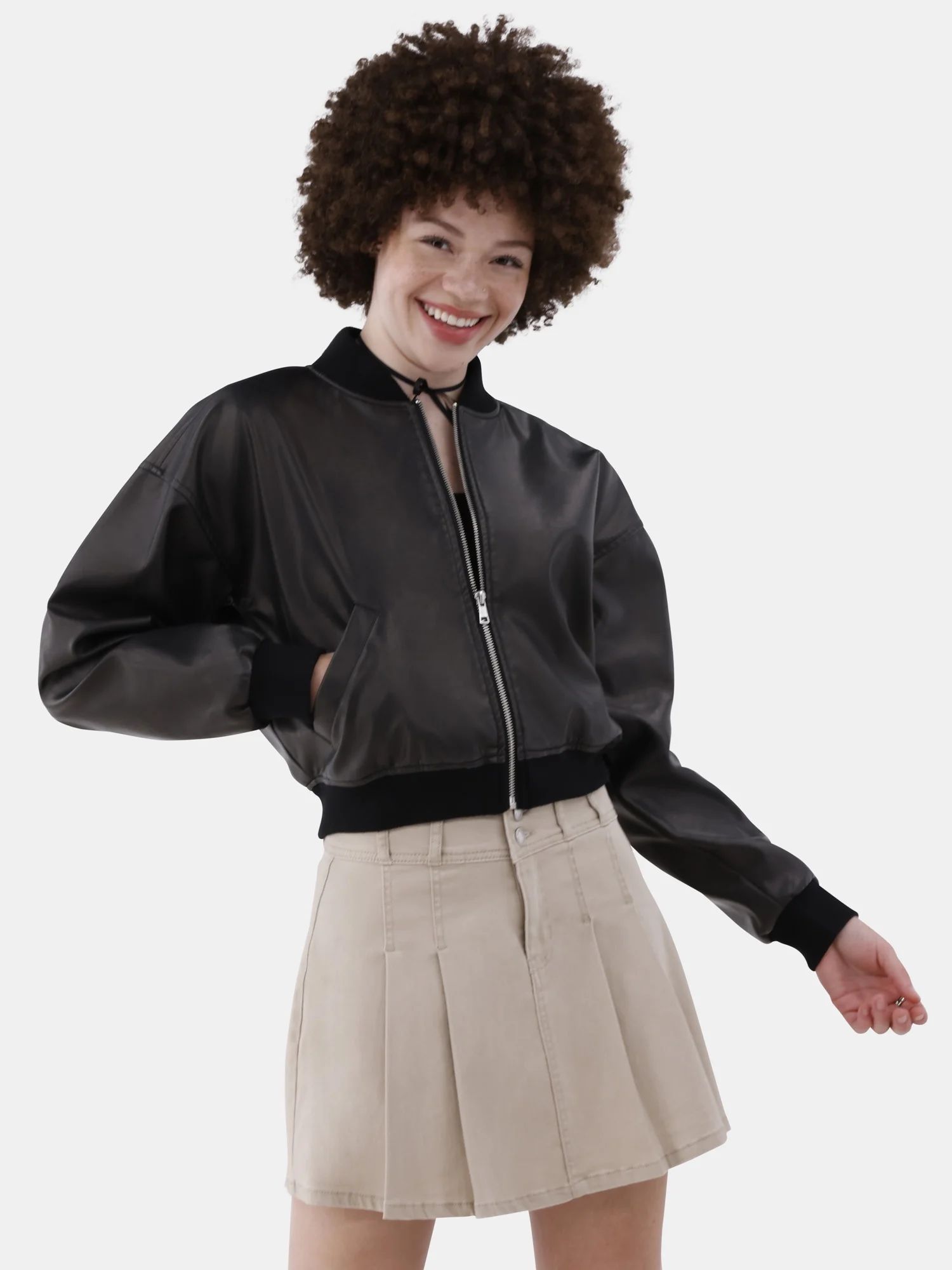 No Boundaries Faux Leather Cargo Bomber Jacket, Women’s | Walmart (US)