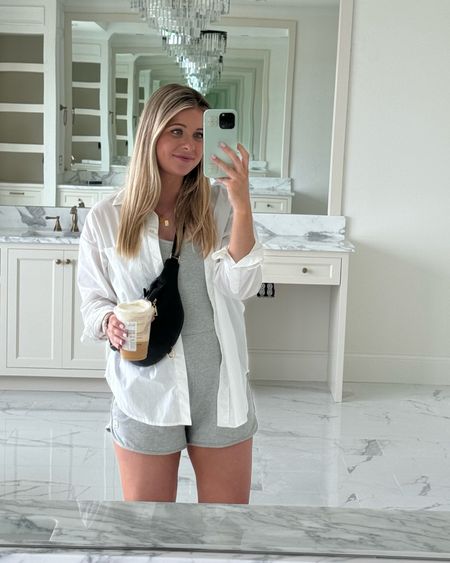 Todays outfit! 
White button down: small
Grey athletic romper: small 

Vuori. Casual outfit. Athleisure  

#LTKFindsUnder100 #LTKFitness #LTKActive
