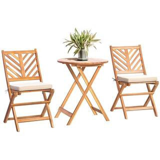 Brown 3-Piece Acacia Wood Outdoor Bistro Set with Light Gray Cushions, Round Outdoor Bistro Table and Chairs Set of 2 | The Home Depot