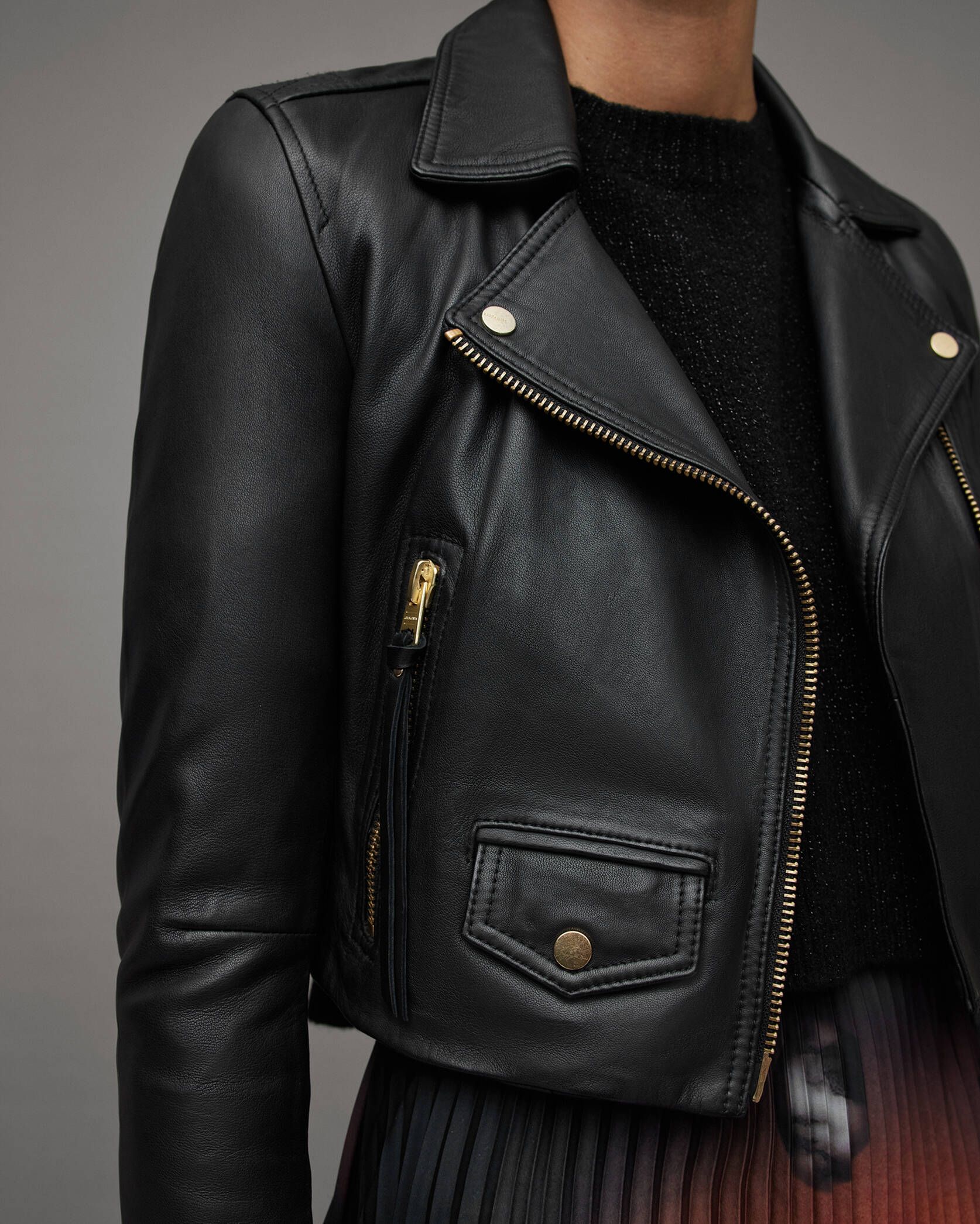 Elora Cropped Leather Biker Jacket Black | ALLSAINTS US | AllSaints US