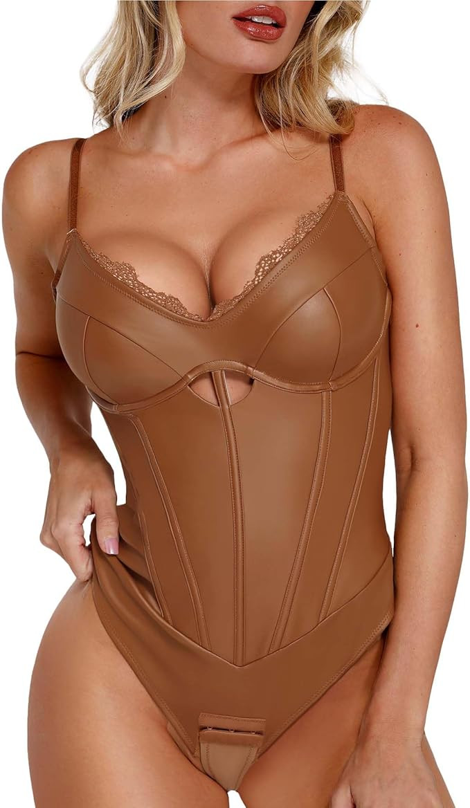 Popilush Body Suits for Womens Faux Leather Lace V Neck Shapewear Tummy Control Sleeveless Thong ... | Amazon (US)