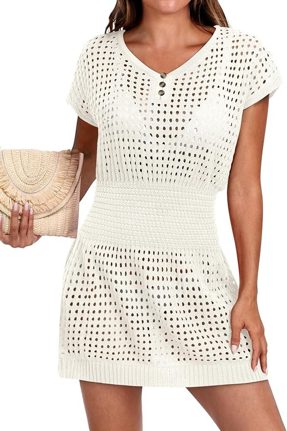 ANRABESS Women Swimsuit Crochet Coverups Short Sleeve Hollow Out Beach Swimwear Bathing Cover Up ... | Amazon (US)