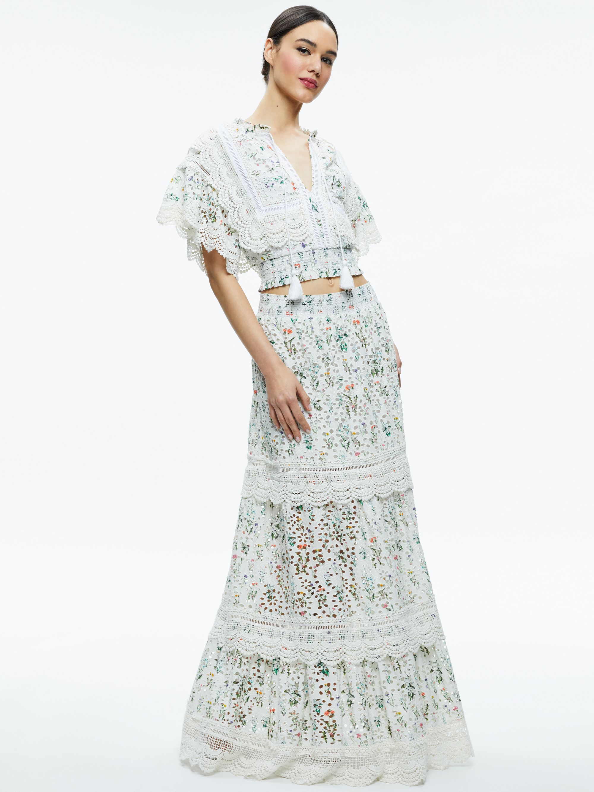 REISE EMBROIDERED TIERED MAXI SKIRT | Alice + Olivia