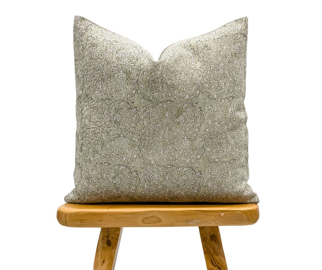 Designer Floral Print on Natural Linen Pillow Cover, Light Sage Green Pillow cover, Farmhouse  Pi... | Etsy (US)