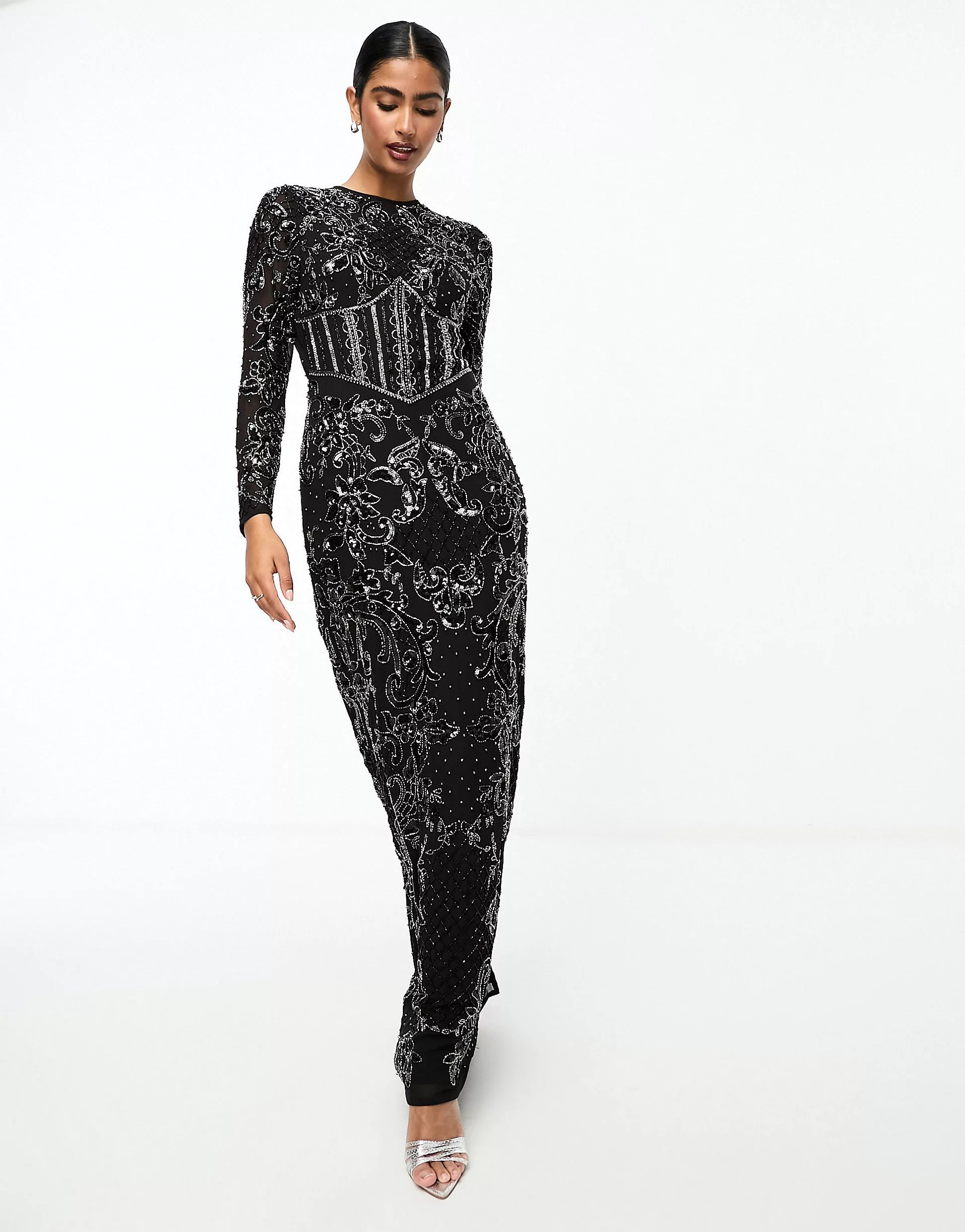 ASOS DESIGN embellished long sleeve maxi dress with floral detail in black | ASOS (Global)