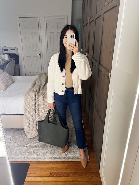 Cream cardigan (XS)
Beige t-shirt (XS)
High waisted jeans (4P)
Dark wash jeans
Olive green tote bag
Cuyana System tote
Tan pumps (1/2 size up)
Smart casual outfit
Teacher outfit
Neutral outfit
Spring outfit
Weekend outfit
Mom outfit

#LTKworkwear #LTKfindsunder100 #LTKstyletip