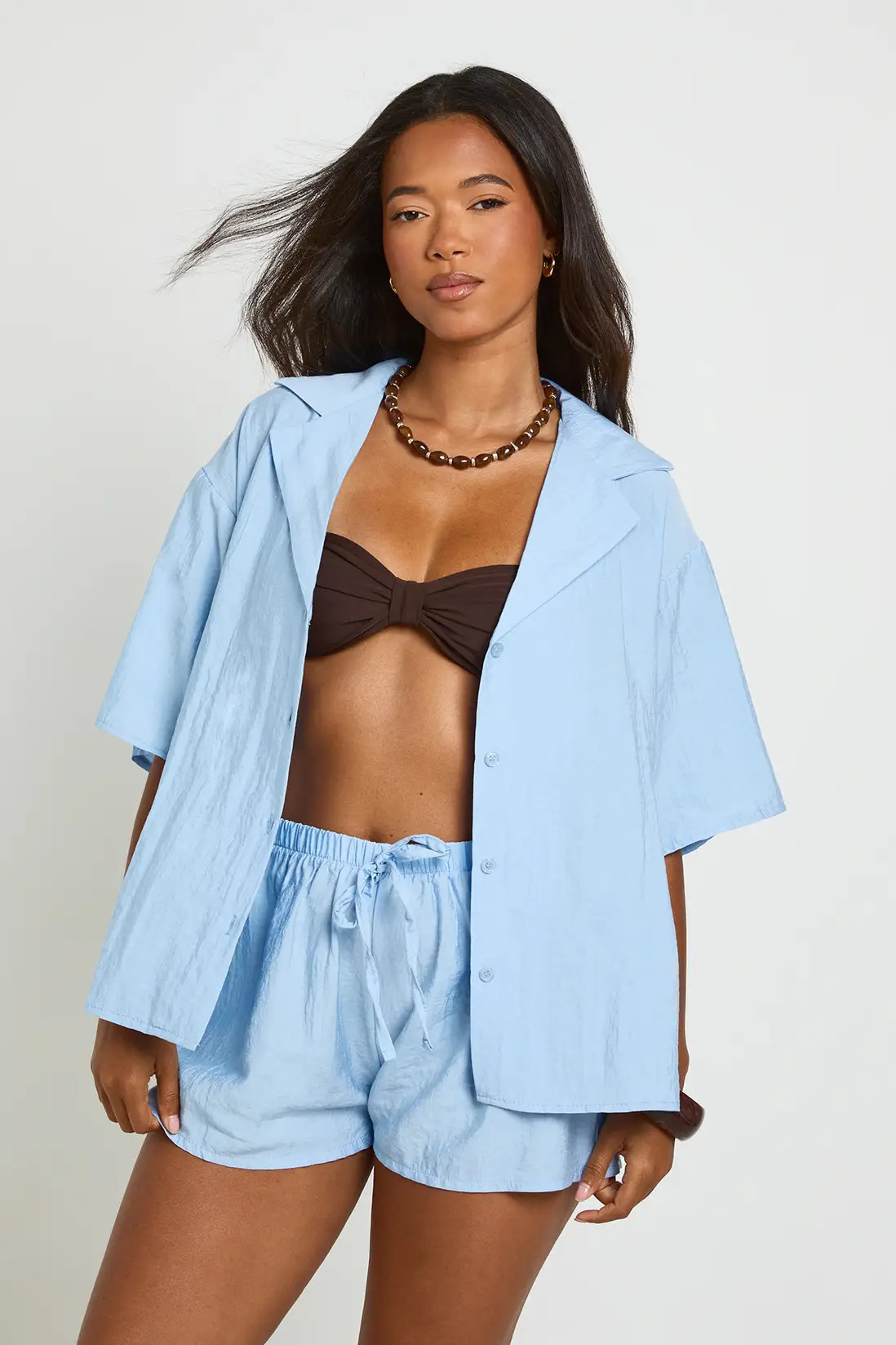 Blue Linen Look Short Sleeve Beach Shirt | Boohoo | Boohoo.com (UK & IE)