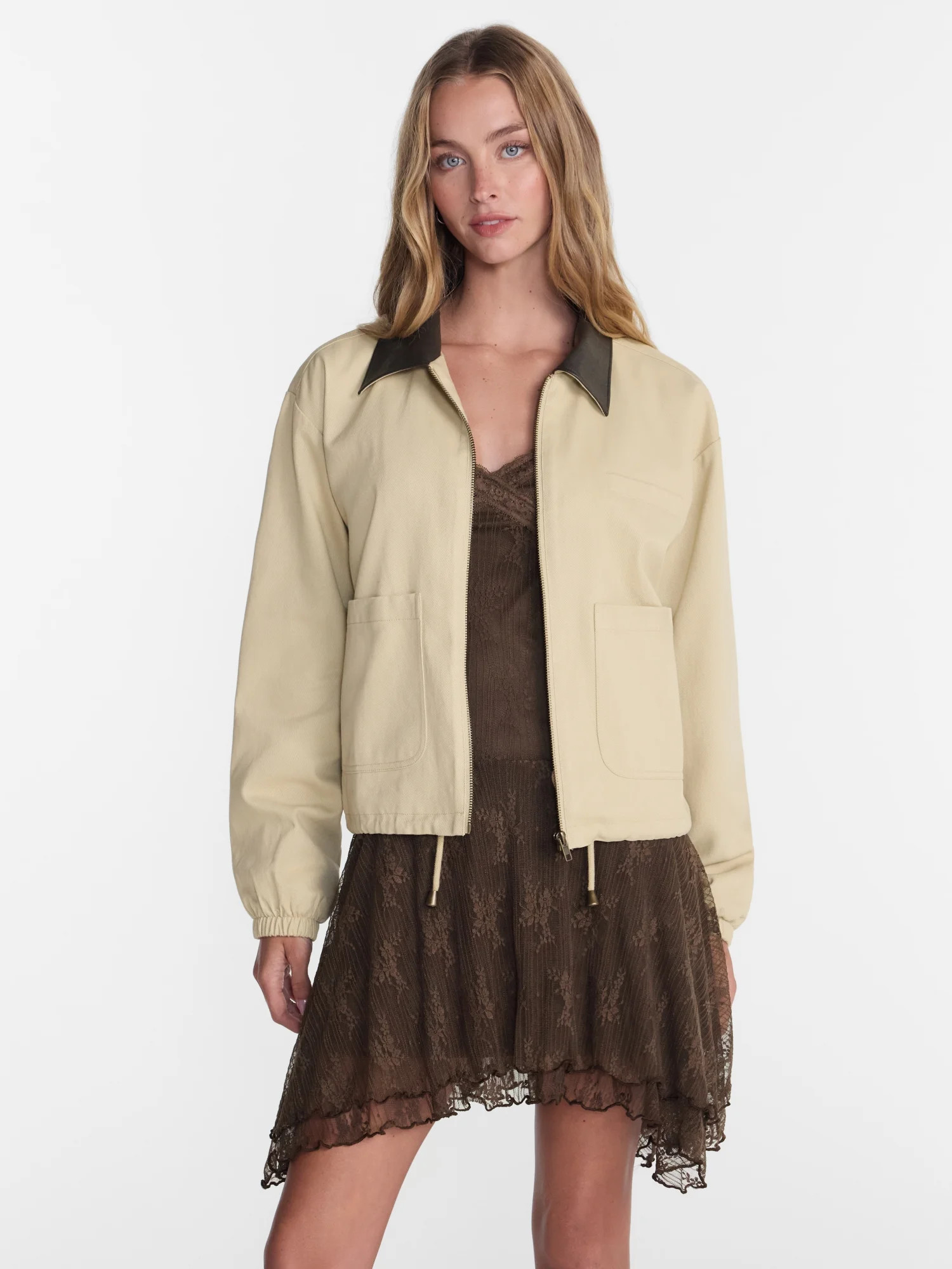 No Boundaries Cotton Twill Barn Jacket with Faux Leather Collar, Women's XXS-4X - Walmart.com | Walmart (US)