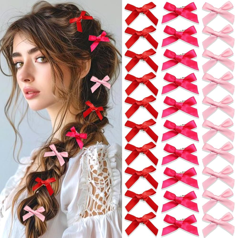 30Pcs Valentine's Day Mini Hair Bows Hot Pink Bows for Hair Cute Small Bowknot Silk Ribbons for G... | Amazon (US)