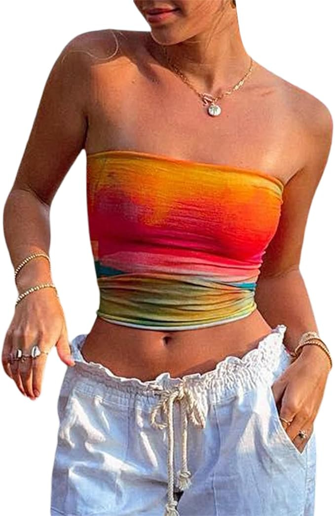 Women Y2K Colorful Strapless Tube Top Cute Sleeveless Crop Top Fairy Grunge Bandeau Vest Top Tren... | Amazon (US)
