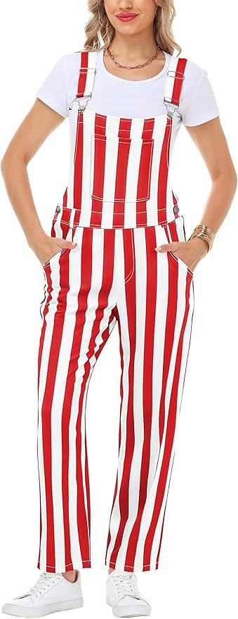 Womens Striped Bibs Overalls Cotton Denim Coveralls Stretch Jeans Jumpsuit | Amazon (US)