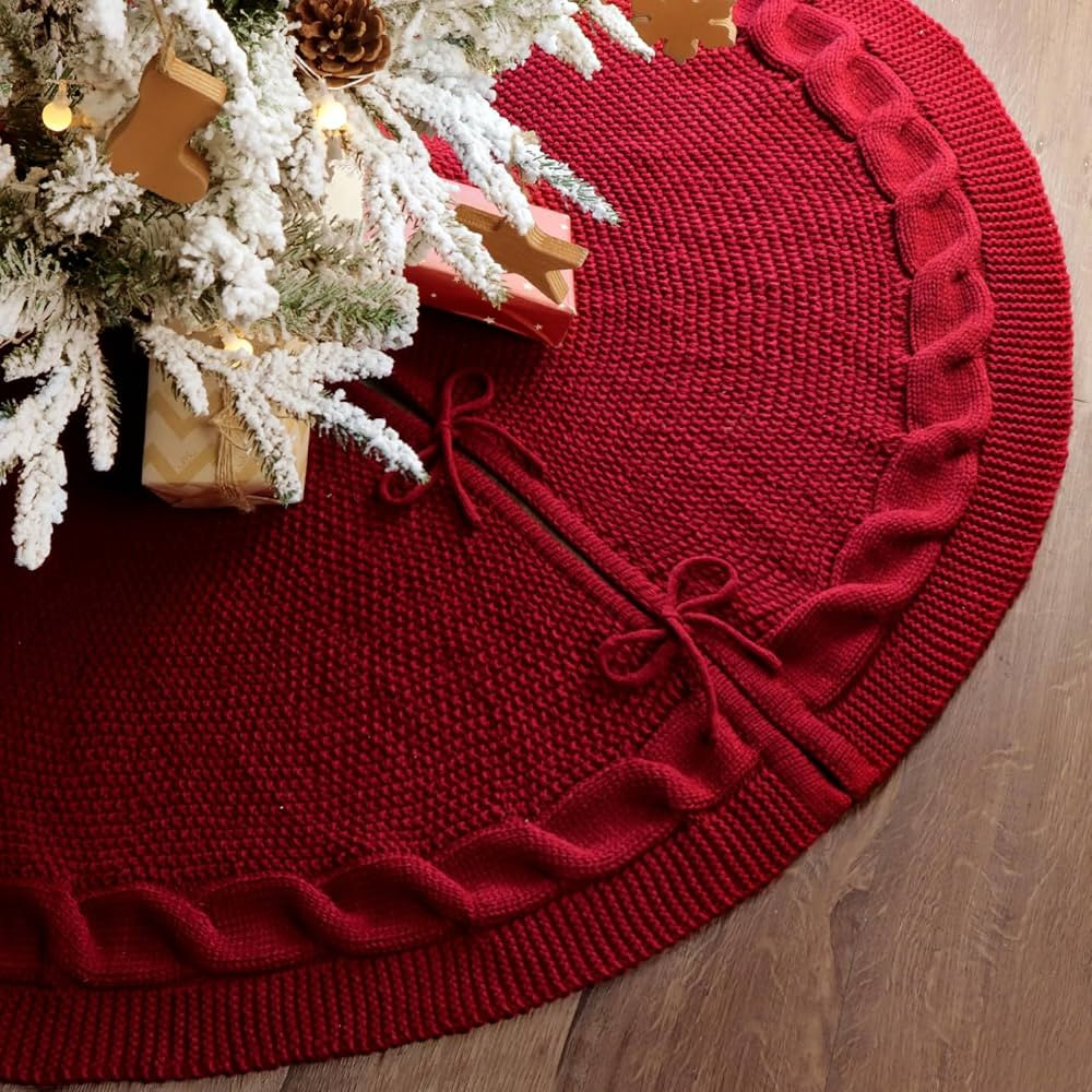 LimBridge Knitted Christmas Tree Skirt: 48 Inches Wine Red Tree Skirt, Chunky Cable Knit Thick Ru... | Amazon (US)