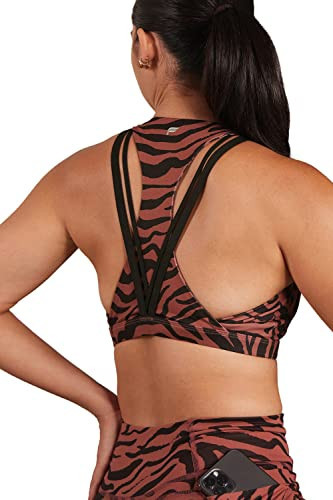 Fabletics Women's Boost Medium Impact Sports Bra, Workout, Yoga, Athletic, Fitness, Knit, XXS, Mahogany Zebra Stroke/Black | Amazon (US)