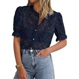 PRETTYGARDEN Womens Summer Lace Tops Short Puff Sleeve Casual Dressy Blouses Eyelet Crew Neck But... | Walmart (US)