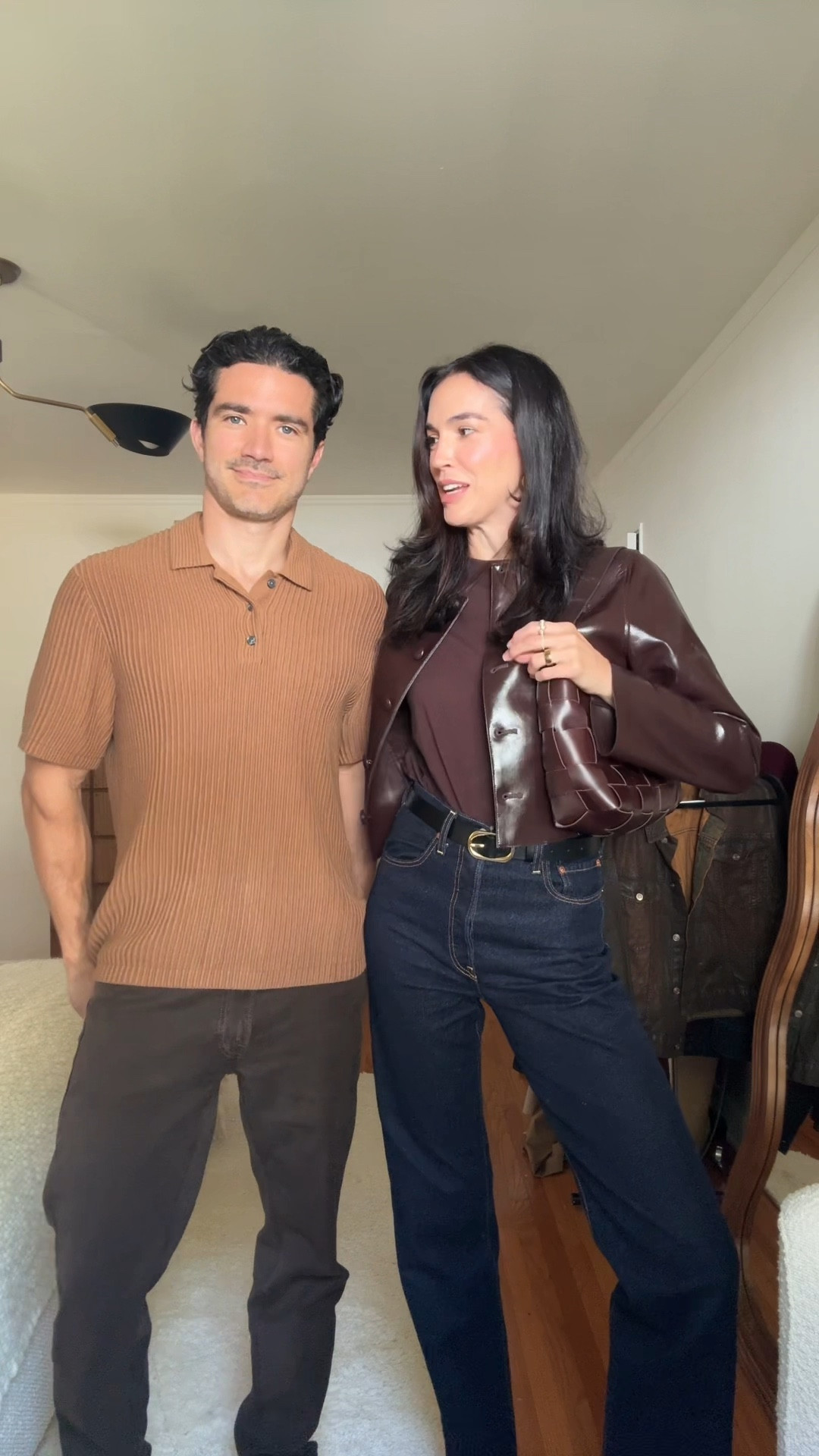 Our looks to film our very first podcast episode! Anthony is 6’0 and wearing a size Large in the shirt and 31x32 in the jeans. I’m 5’10 wearing a size small in the tee, small in the jacket and size 27 in the jeans. Heels run true to size 