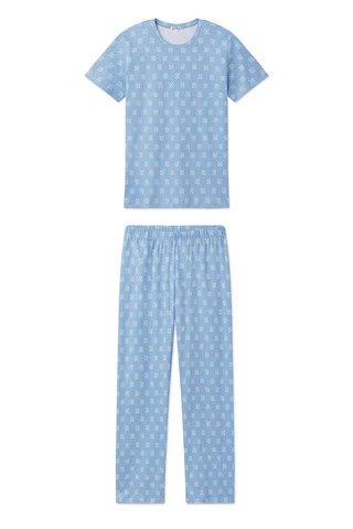 Pima Crew Short-Long Set in Serene Blue Moroccan Blockprint | Lake Pajamas