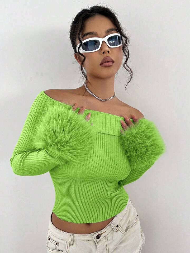 SHEIN EZwear Women's Fuzzy Sleeve Cuff Off-Shoulder Sweater | SHEIN