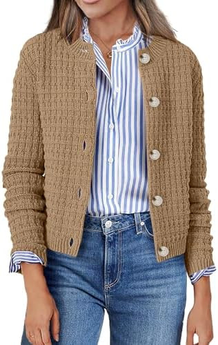 Zeagoo Women's 2026 Cardigan Sweaters Button Down Crew Neck Open Front Long Sleeve Knit Cropped J... | Amazon (US)
