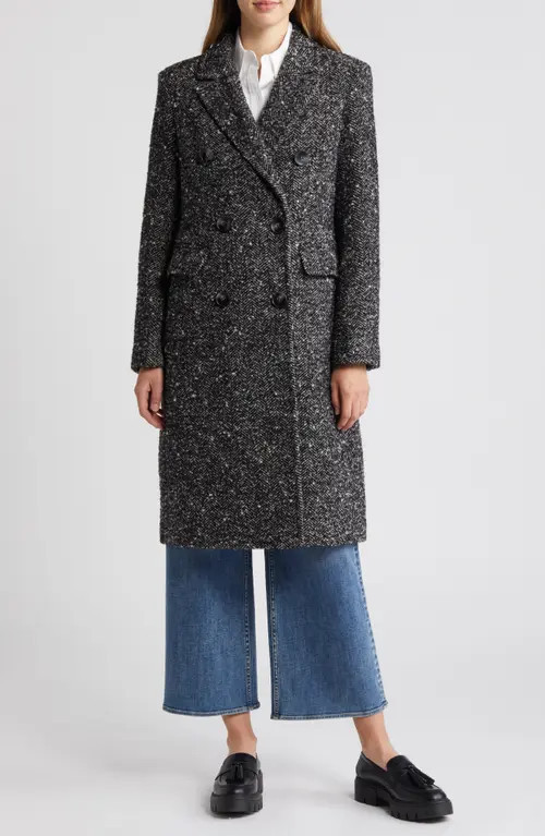 Sam Edelman Reefer Double Breasted Herringbone Tweed Coat in Black/White Herringbone at Nordstrom, Size 0 | Nordstrom