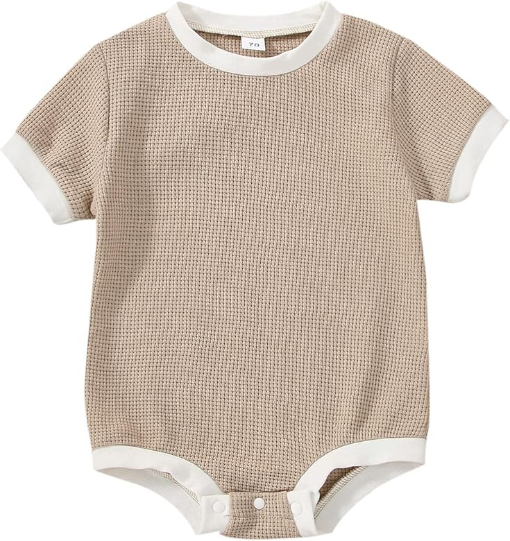 Unisex Baby Girl Boy Romper Short Sleeve Shirt Waffle Knitted Onesie Crewneck Bodysuit Summer Clothe | Amazon (US)