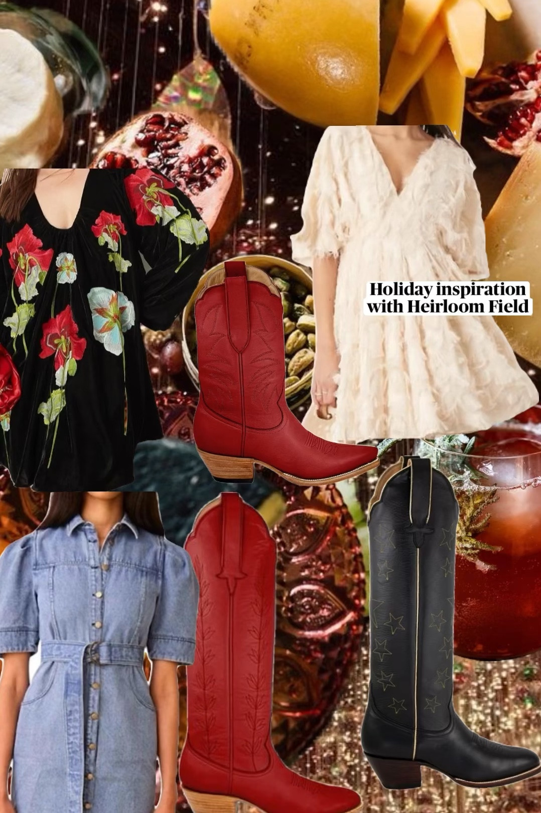 Holiday outfit inspiration! ✨❤️

- Velvet Embroidered Floral Plunge Neck Mini Dress  
  This stunning and versatile dress is perfect for holiday parties and beyond!

- Textured Mini Dress with Cinched Waist in Stone  
  Perfect for holiday events or year-round! Great for family photos as well!

- Denim Mini Dress  
  A timeless staple that transitions seamlessly from casual outings to festive occasions. Perfect for year-round wear and timeless too!

- Heirloom Field Red Taylor Midi Boots  
  These eye-catching red boots brighten up any outfit and make a bold holiday statement!

- Heirloom Field Tall Red Vine Boots  
  These stylish 17” boots are buttery soft and perfect for holiday festivities and beyond.

- Heirloom Field Tall Black and Gold Star Boots  
  These boots add a touch of glam to your wardrobe and keep you comfortable all season long!

Why I Love These Pieces:
- Versatile for Every Occasion
- Timeless Appeal
- Comfortable and Cute!

#LTKVideo #LTKGiftGuide #LTKHoliday