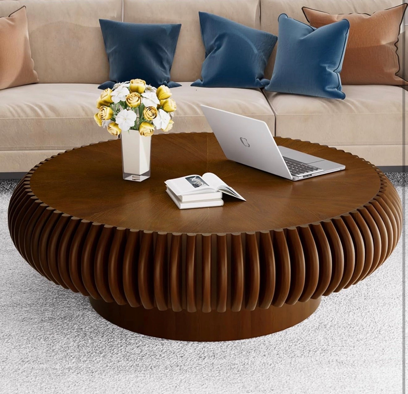 Modern Round Drum Coffee Table Handcrafted Fluted Wood Design with Sturdy Base for Living Room

#LTKHome #LTKSaleAlert