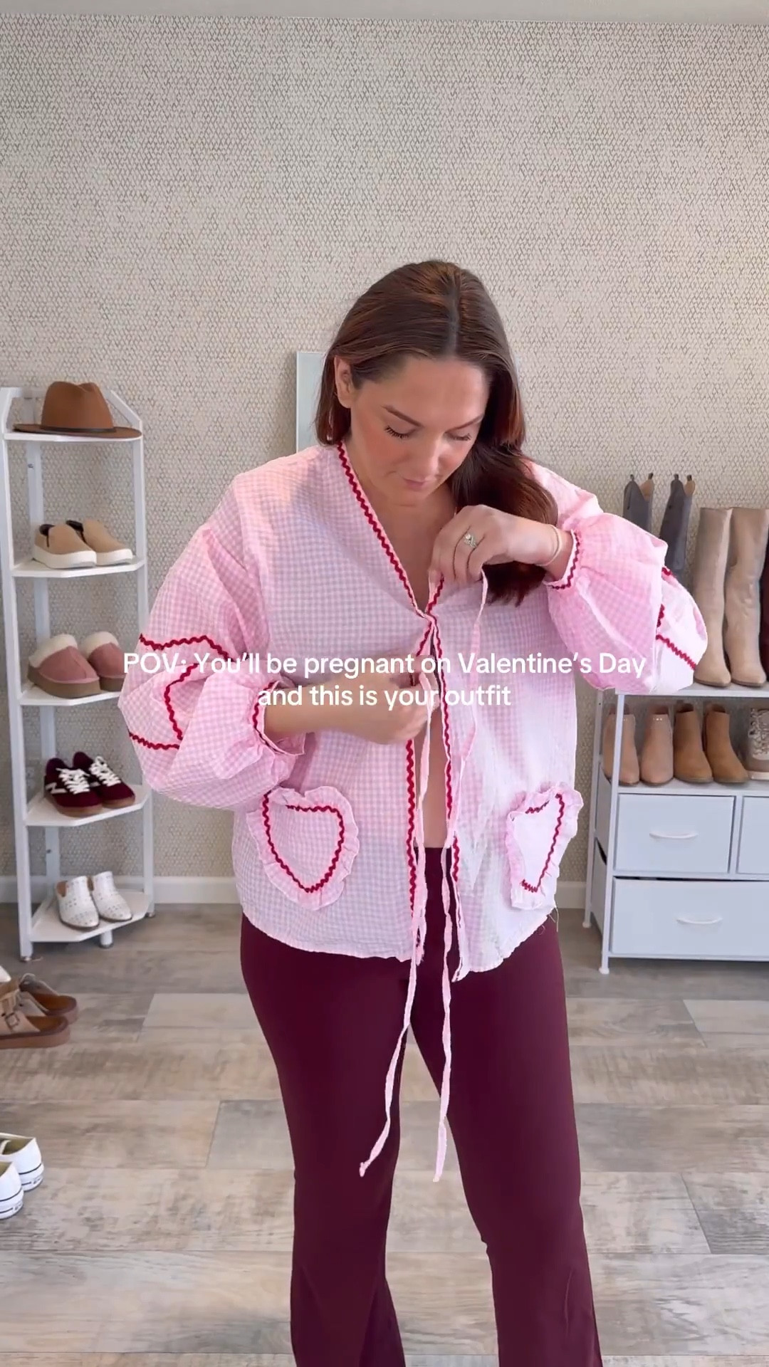 Over tying this top was an essential part of this vday outfit 🤍 Whether you’re able to shop on TikTok or Amazon, I’ve got you covered 🫶🏼 Everything I’m wearing below 👇🏼 

✨ Full Outfit Details ✨

- TikTok Shop 
Gingham Heart Tie Front Top, XL
CRZ Yoga butterluxe flare leggings, XL
Heart hoop earrings
Blue light glasses
Rom&nd glasting lippie, Hippie Berry
Hey Girl pink platform shoes, 9
Lattafa Yara Perfume, Vanilla
Teleties claw clip, opal

- Amazon
Gold Heart ring
Pink stone ring
Momcozy nursing bra, XL
CRZ Yoga leggings available here
Corkys platforms available here
Similar Teleties claw clips available 
Similar Brand Heart top available 
Similar Heart earrings available 

Stay cozy,
Jess 💋

#pregnantandperfect #midsizefashion #outfitidea #outfitinspo #valentinesdayoutfit #pinkoutfit #pinkstyle #pregnantstyle #pregnantfashion #pregnancy #whattowear #ootd 

#LTKBump #LTKMidsize #LTKStyleTip