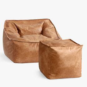Large Faux Leather Caramel Modern Bean Bag Lounger and Pouf Set | Pottery Barn Teen