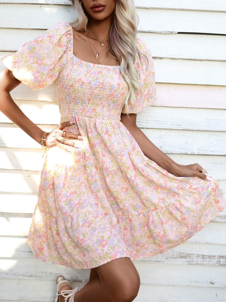 Aveloria Rosie Allover Floral Print Shirred Puff Sleeve Ruffle Hem Dress  | SHEIN