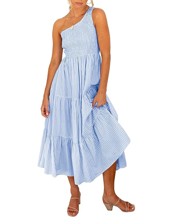 BTFBM Women One Shoulder Sleeveless Casual Summer Dresses 2023 Smocked High Waist Floral Flowy Be... | Amazon (US)