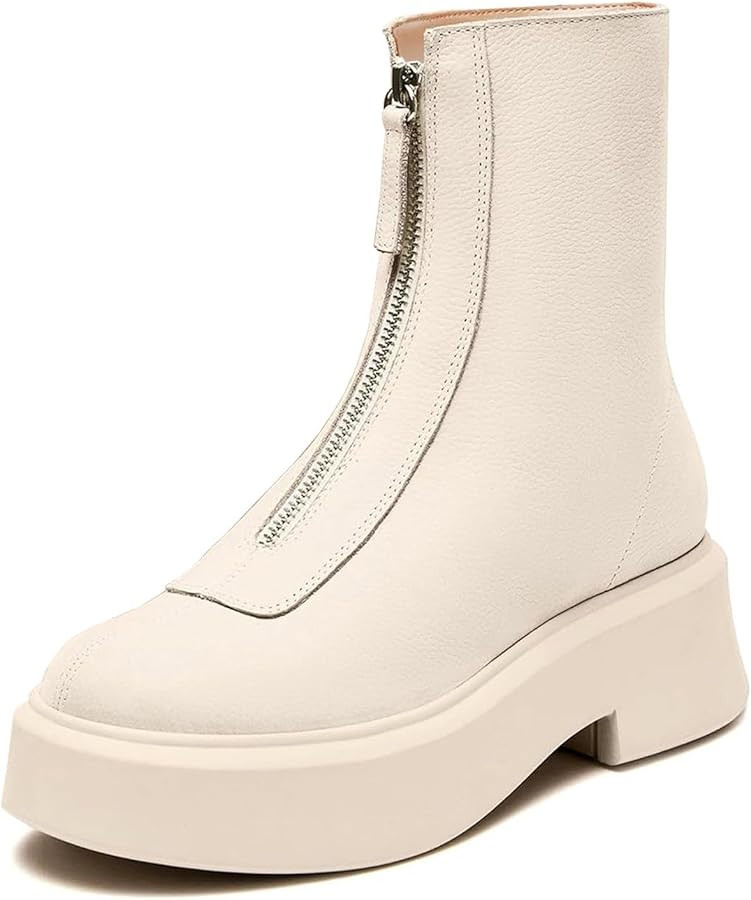 Women's Platform Ankle Boots Leather Boot Chelsea Booties Block Heel Round Toe Short Combat Boots... | Amazon (US)