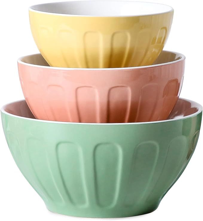 Lareina Ceramic Mixing Bowls for Kitchen, 3-Piece Large Colorful Serving Bowls, 3.13/1.68/1.18 Qt... | Amazon (US)