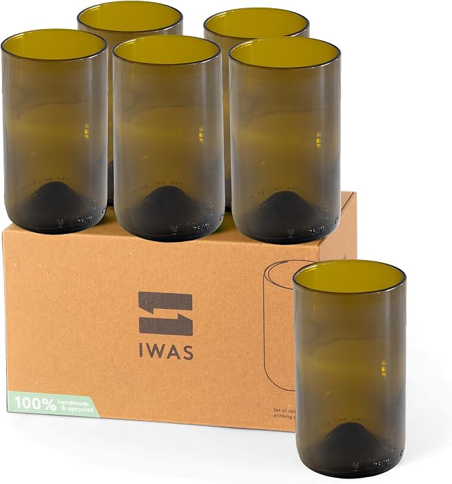 IWAS Upcycled Olive Drinking Glasses | 350 ML | 12 OZ | Set of 6 | Sustainable Water Glasses | En... | Amazon (US)