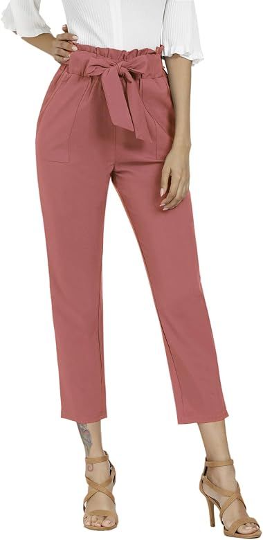Women's Pants Casual Trouser Paper Bag Pants Elastic Waist Slim Pockets | Amazon (US)