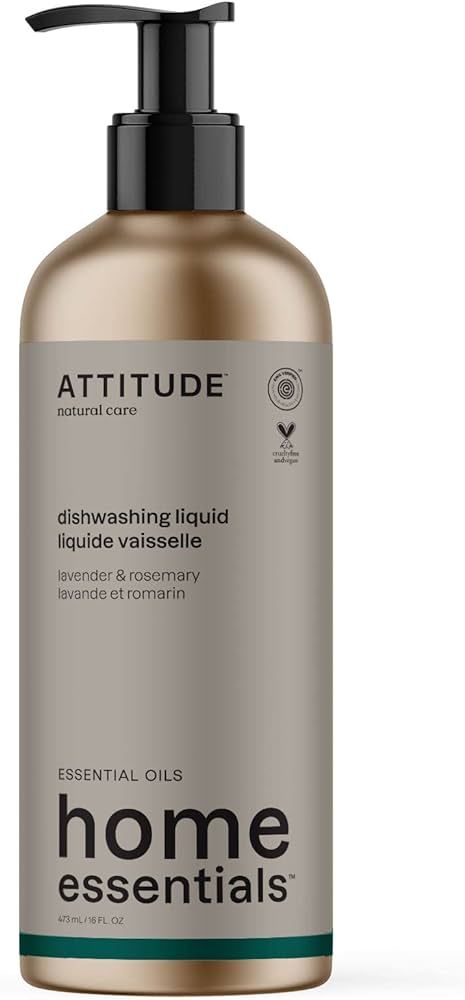 ATTITUDE Dish Soap, EWG Certified, Plant and Mineral-Based Ingredients, Vegan and Cruelty-free Household Products, Lavender and Rosemary, Refillable Aluminum Bottle, 16 Fl Oz | Amazon (US)