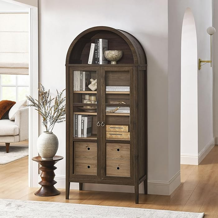 Modway Nolan Modern Farmhouse 71 Inch Tall Arched Storage Display Cabinet in Walnut Hickory Wood ... | Amazon (US)