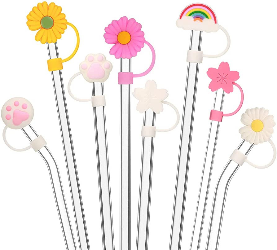 8 Pieces Silicone Straw Tips Cover Reusable Drinking Straw Lids Sunflower Cherry Blossom Rainbow... | Amazon (US)