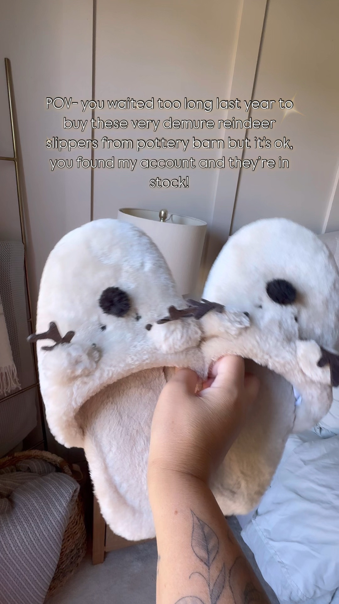 Very considerate, very approachable, very demure. These cute reindeer slippers from Pottery Barn are back in stock! They sold out quick last year. Don’t miss out on them. Super soft and comfortable! 

#LTKStyleTip #LTKSeasonal #LTKFindsUnder50