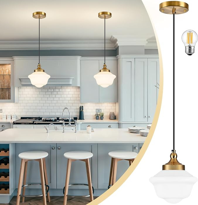 8" Gold Schoolhouse Light Fixture Milk Glass Pendant Light Schoolhouse Pendant Light Milk Glass L... | Amazon (US)