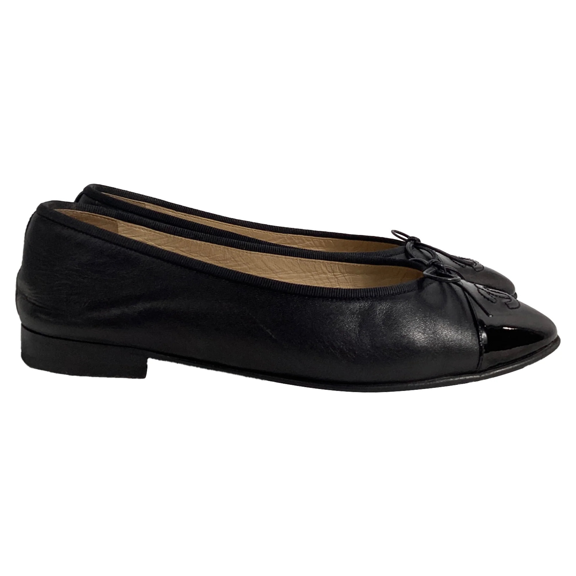 Chanel Cap Toe Ballet Flats in Black Leather | Shop Simon