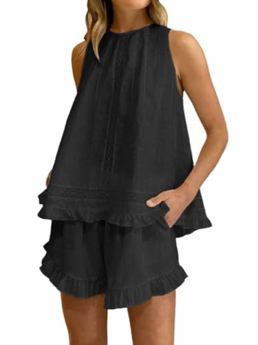 Sotimoon Womens Ruffle Short Set 2 Piece Outfits Fashion Summer Sleeveless Lace Trim Top and Shor... | Amazon (US)