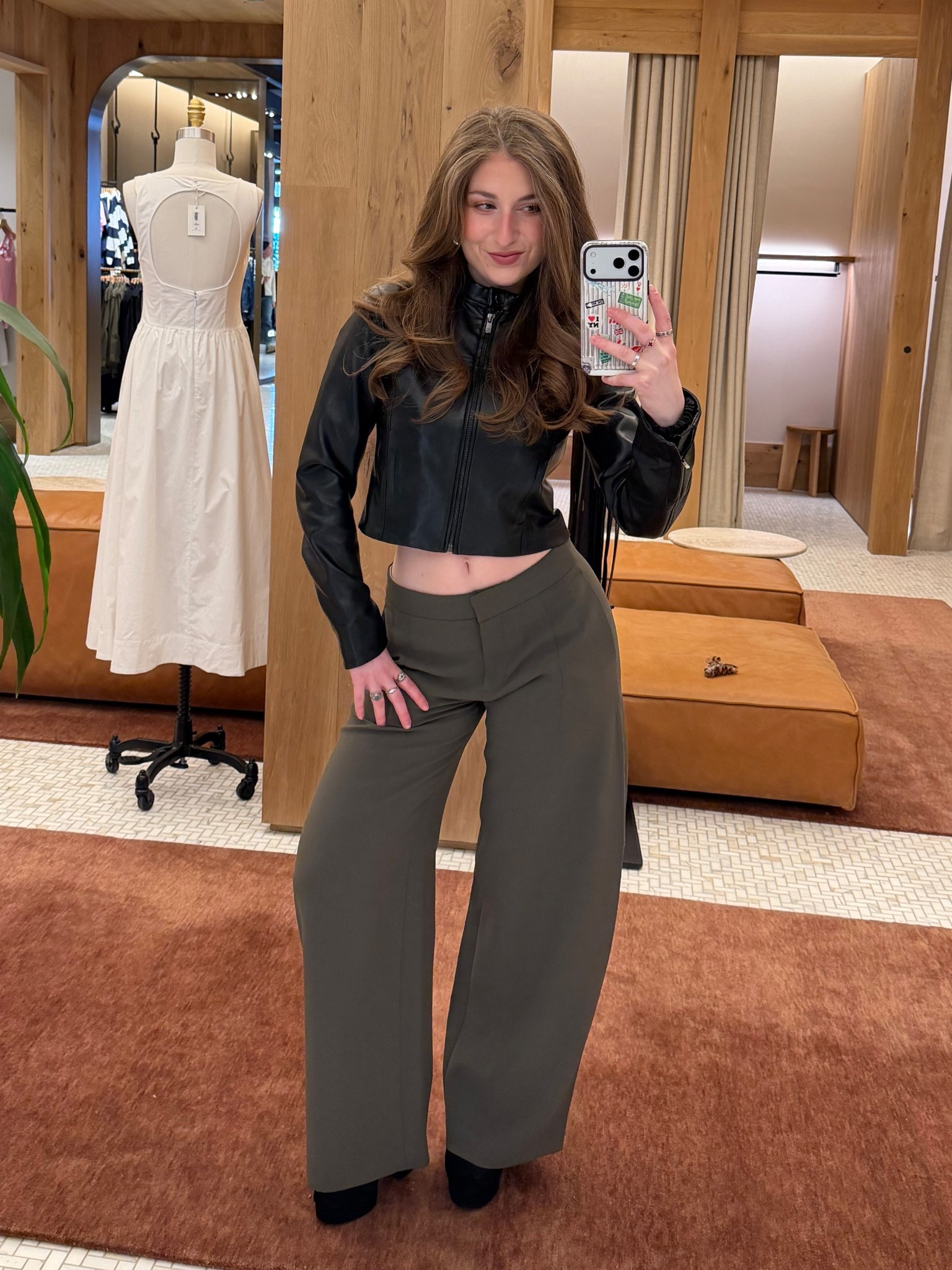 aritzia outfit cool girl style helix barrel green trouser crepette pants low rise leather jacket outfit aritzia 

#LTKootd #LTKWorkwear #LTKgrwm
