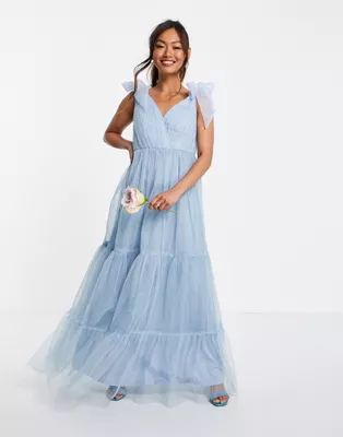 ASOS DESIGN tulle bow tie tiered maxi dress in blue | ASOS (Global)