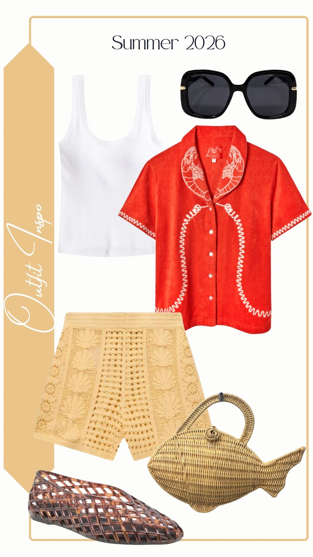 Outfit Inspo

Summer 2026
Red Top: Tombolo (Lobster Landline Cabana Top)
White Ribbed Scoopneck Tank: Abercrombie
Yellow Crochet Shorts: Mint Velvet
Rattan Fish Bag: Jelavu (Nemoo Woven Bag)
Black Sunglasses: Youzey (Royale Sunglasses)
Tortoise Jelly Flat: Dolce Vita (Jam Jelly Flat)

#LTKSeasonal #LTKootd #LTKTravel